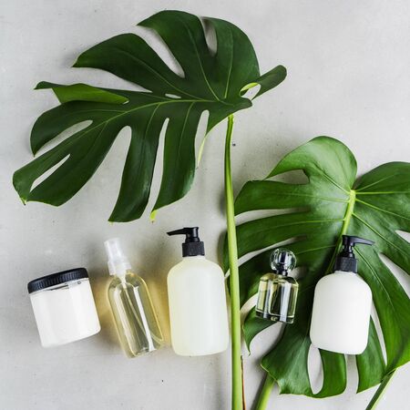 Cosmetic set of blank label bottles for mockup packaging of skincare product cream, serum, oil, shampoo, conditioner, perfume on grey background with green leaves. Natural beauty product concept.の写真素材