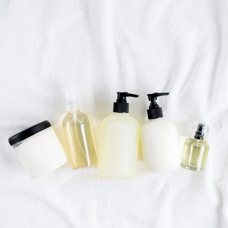 Set of Bottles with organic body care cosmetic products shampoo, conditioner, body oil, fragrance, soap, cream, lotion on white fluffy towels on a light background. Concept of SPA branding mock-up.の写真素材