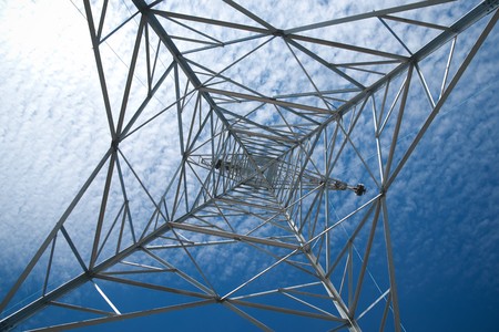 Electricity pylon as seen from right underの写真素材