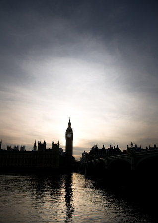 Silhouette of Big Ben and the Houses of Parliament in London in sunset