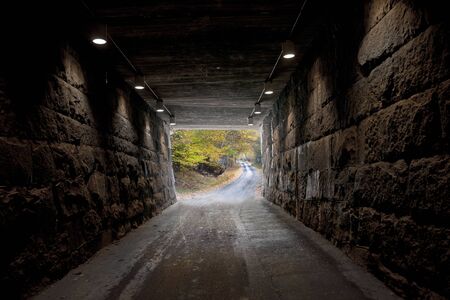 narrow road tunnel with autumn landscape outsideの写真素材