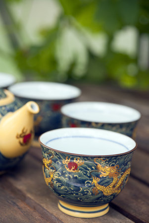 Chinese teacup on table in summer