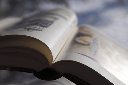 Close up of open book with picturesの写真素材