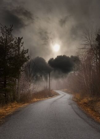 Narrow country road on gloomy autumn dayの写真素材