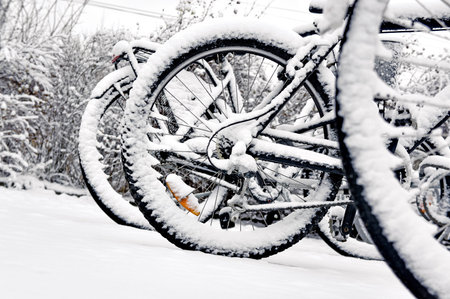 Close up of wheel of bike in bicycle rack in winter