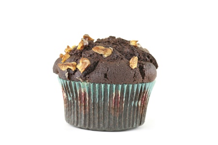 Close up of chocolate muffin isolated on whiteの写真素材