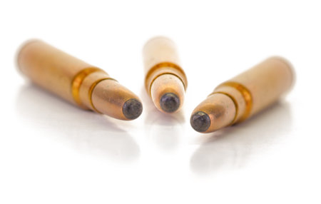 Close up of three bullets in brass cartridge on white
