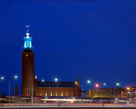 Stockholm city hall on dark blue evening skyの写真素材