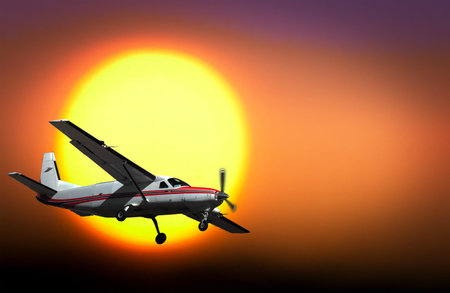 Small propeller aircraft landing with big yellow sun in background