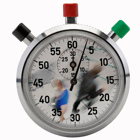 stop watch with people rushing up and down staircase