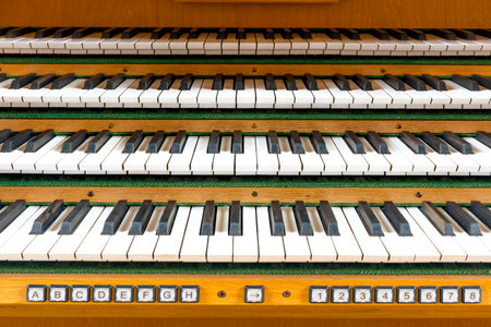 Close up of manuals of old church wooden organの写真素材