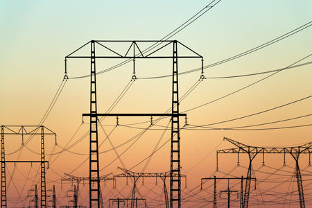 High voltage electricity pylons on colorful evening sky