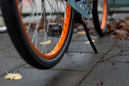 Close up of rear wheel of orange bike in autumnの写真素材