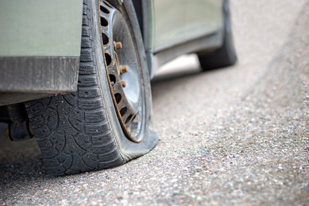 Close up of wheel of old car with rusty hub cap and flat tyreの写真素材