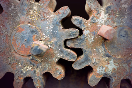 Close up of two rusty vintage cogwheelsの写真素材