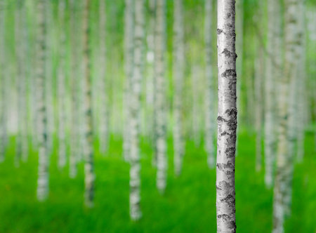 White and black trunk of birch tree in forest in early summer