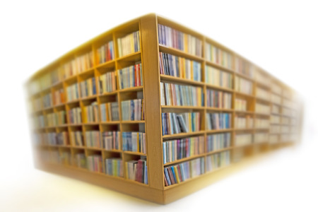 bookshelves in library on white, diminishing perspectiveの写真素材