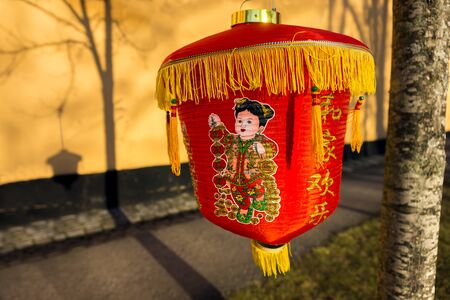 Red Chinese paper lantern in tree, casting shadow on wallの写真素材
