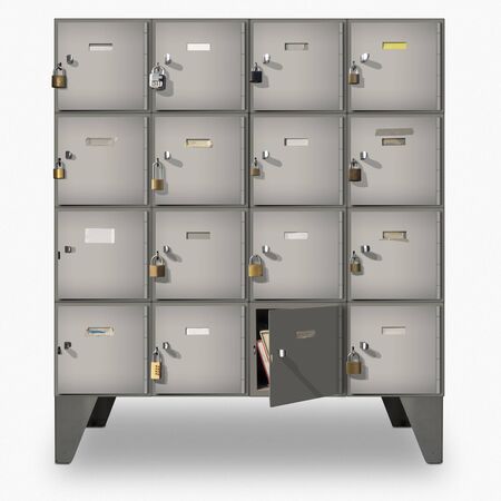 Design with cabinet of metal lockers with different padlocks and  labels, isolated on white. One lockerslightly open, and some books are visible.の写真素材