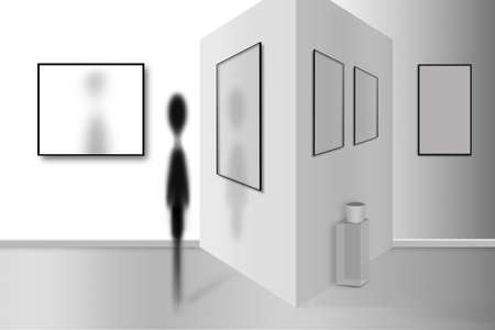 Minimalistic design with silhouette of blurred woman studying art at an exhibitionの写真素材