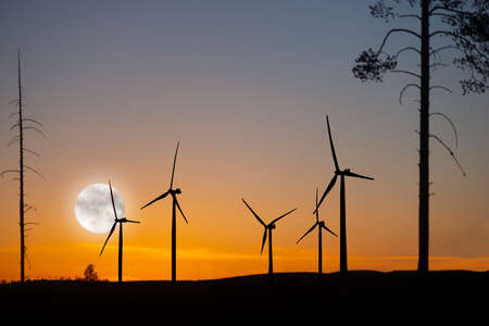 Silhouette of wind turbines in forest area on sunset sky with full moon and treesの写真素材