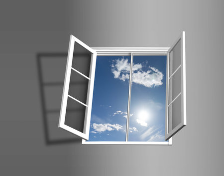 Design with low angle view of open window with blue sky and sun outside. 3d rendering