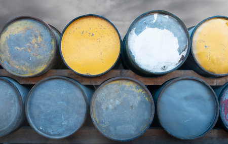 Stack of vintage oil b arrels