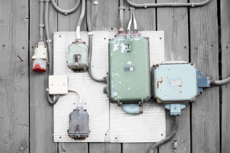 Grunge electric box on wooden wall
