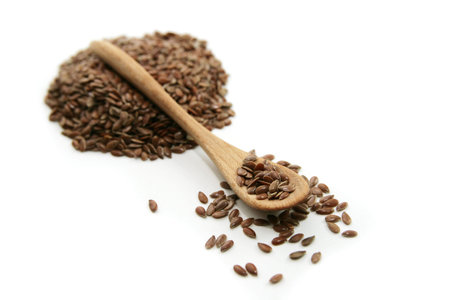 flax seed and wooden spoonの写真素材