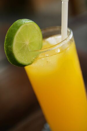 Glass with orange juice and lemon and strawの写真素材