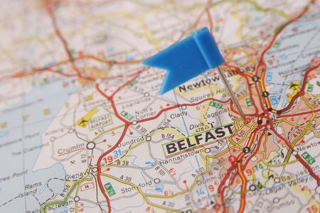 blue flag push pin on Belfast in Irelandの写真素材