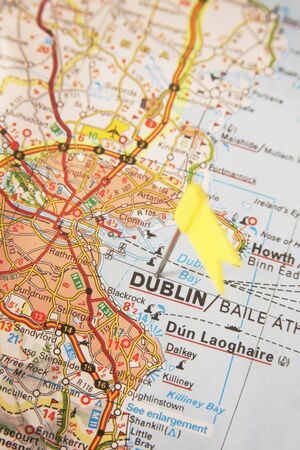 Yellow flag push pin on dublin in Irelandの写真素材