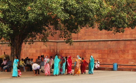 Delhi, INDIA - SEPT 13 2012  Colorful woman in sari looking for shade under a huge tree by a very hot day on septembre 16, 2012 oin Delhi, INDIAのeditorial素材