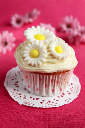 Cupcake with daisy on top on a fuschia backgroundの写真素材