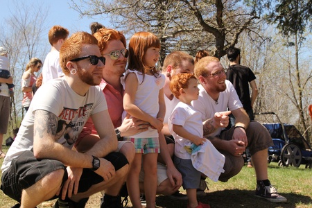 MONTREAL - MAY 04,2013: Men and kids posing for the fIrst-ever gathering of read heads people in Montreal on 04 May 2013, Montreal, Quebec, Canadaのeditorial素材