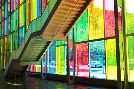 MONTREAL, CANADA- MAY 06 2013:  Main facade of congres center in Montreal  downtown with multicolored glass pannel created by Mario Saia on 2002 in Montreal, CANADAのeditorial素材