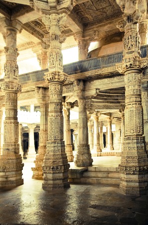 Chaumukha Mandir, the main jain temple at Ranakpur, India. More than 80 domes and 1444 white marble pillars all different のeditorial素材
