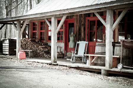 Beautiful and aged sugar shack during spring season in Quebec, Canadaの写真素材
