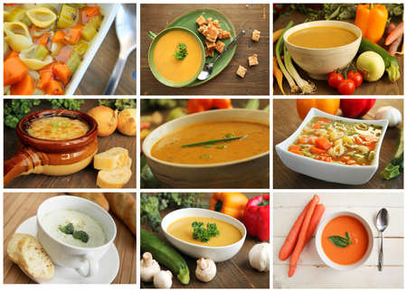 Collage showing different kind of soup like vegetables, carrot, onionの写真素材