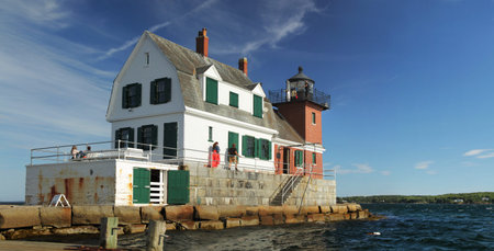 Rockland MAINE AUGUST 30, 2014:  Rockland breakwater lighthouse sits at the south end of a 1,300 m breakwater which protects Rockland Harbor in the state of Maine, USA.のeditorial素材