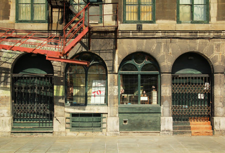 Close up of old buildings in old port of Montreal, Quebec.のeditorial素材