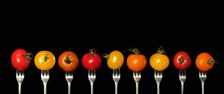 Variation of tomato on a fork of different colors on a black backgroundの写真素材