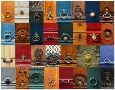 Collage of a Variety of knockers and handles on doors in Paris, France.の写真素材