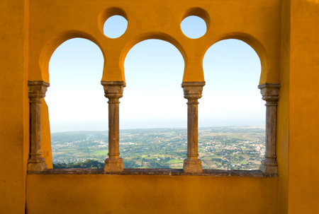 View of Sintra city in Portugal by arabic shape windowのeditorial素材