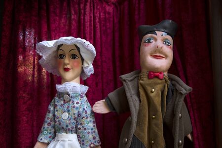 LYON, FRANCE-NOVEMBER 14, 2015:  2 guignols puppets outside to promote a show.  Guignol is the main character in a French puppet show which has come to bear his name.のeditorial素材