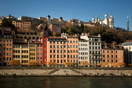 Beautiful view of Old Lyon, coloured houses and the Fourviere basilica in background