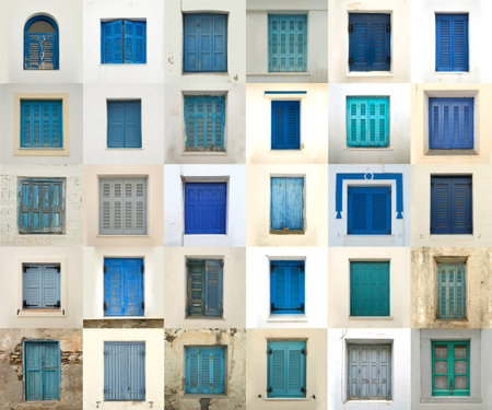 Collage of different blue windows in Greeceの写真素材