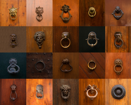 Collage of a variety of knockers and handles on doors in Rome, Italy.の写真素材