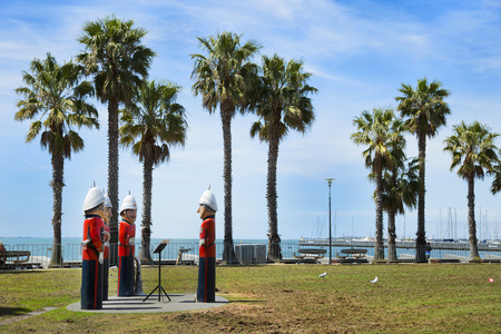 GEELONG, AUSTRALIA - OCTOBER 23, 2016:  Some of the 104 different bollards in Geelong along the baywalk.  All made by Jan Mitchell and represent a chronicle of the city's past.のeditorial素材