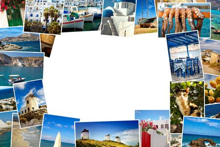Collage of images from famous location in the cyclades, Greece with white copy spaceの写真素材
